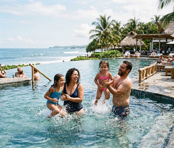 Familia nadando en aguas tranquilas de Costa del Sol