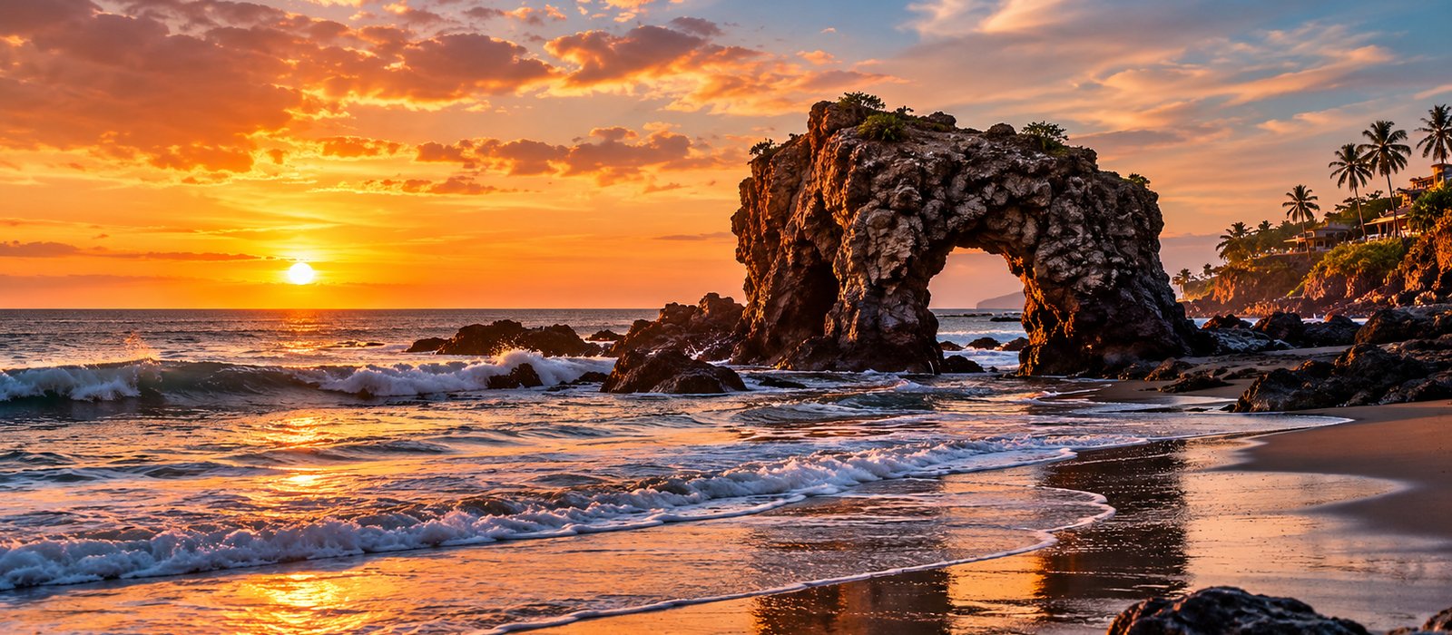 Playa El Tunco al atardecer con la formación rocosa característica frente al mar