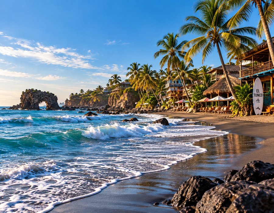 La playa de El Tunco, arena volcánica y palmeras junto al mar