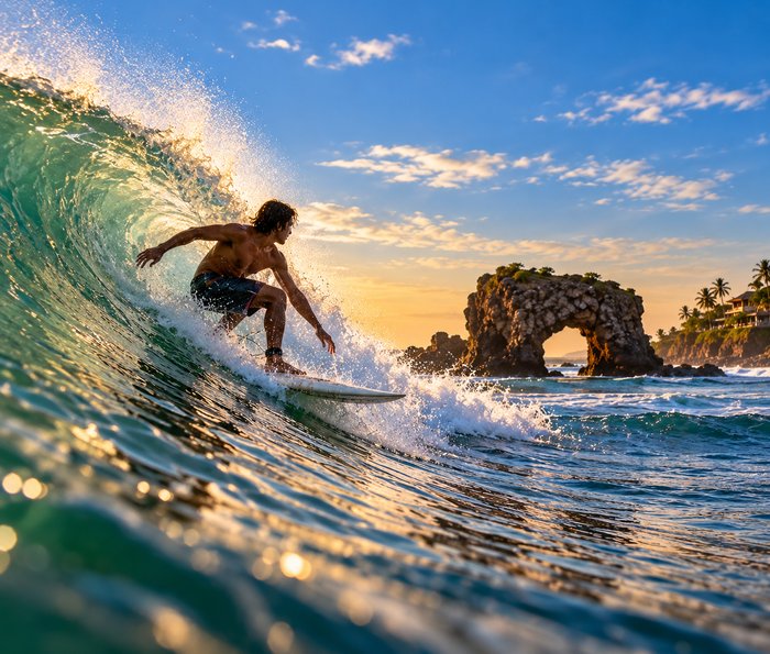 Surfista tomando una ola en El Tunco