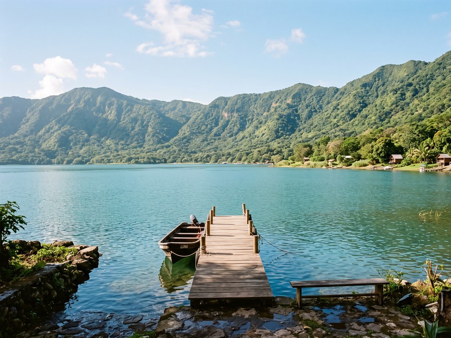 Muelle de madera con lancha en el Lago de Coatepeque