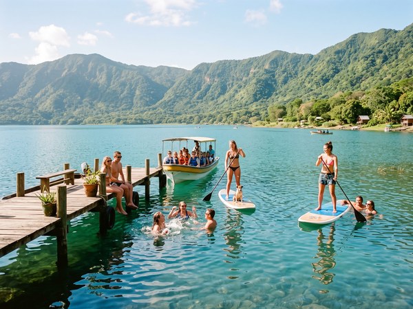 Personas nadando y paseando en paddleboard en el Lago de Coatepeque