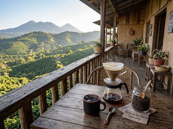 Café de especialidad con vista a los volcanes en la Ruta de las Flores