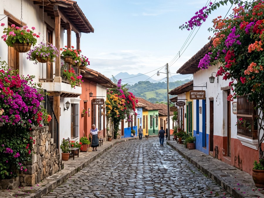 Calle empedrada con flores y casas coloridas en la Ruta de las Flores