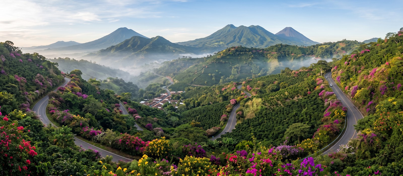 Camino de montaña de la Ruta de las Flores, rodeado de vegetación y flores, con volcanes al fondo