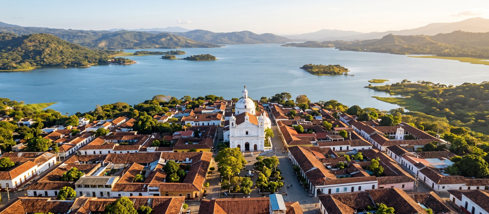 Vista aérea de Suchitoto, pueblo colonial a orillas del Lago Suchitlán